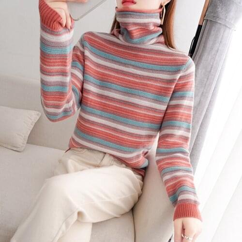 Cashmere sweater womens high neck pullover loose striped sweater knitted wool pile collar bottoming shirt autumn and winter