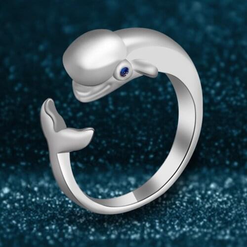 Fashion 925 Sterling Silver Jewelry Blue Eyes Whale Fish Crystal Opening Rings