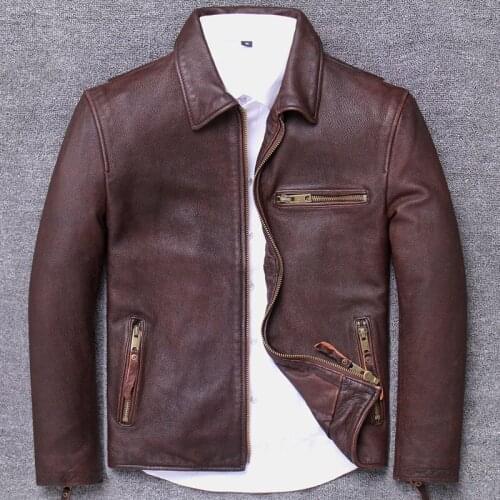 Man Genuine Clothing Leisure Time Lapel Locomotive Leather Jacket Light Do Used Head Layer Cowhide Middle Age