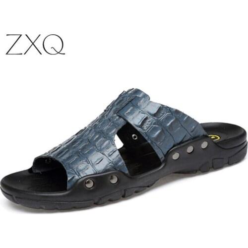 ZXQ Men Slippers Split Leather Crocodile Pattern Sandals Male Summer Shoes Comfortable Men Beach Shoes Holiday Slippers