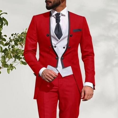 Mens elegant double-breasted slim 3-piece wedding party suit, splicing color groom and best man dress jacket+vest+pants