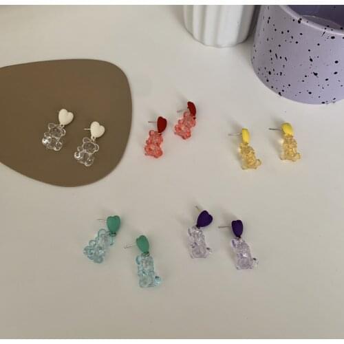 Prevent Allergy Korean Transparent Bear Earrings Color Love Transparent Ear Stud Girlish Bear Color Earring Jewelry