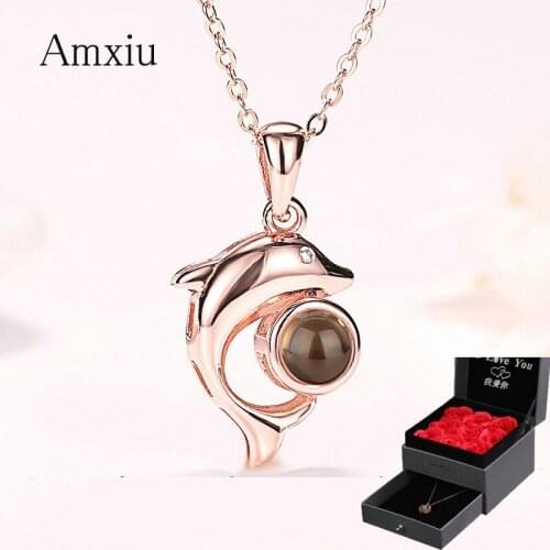 Amxiu Cute Dolphin Necklace Animal Pendant 925 Sterling Silver Necklace DIY 100 languages I love you Projection Pendant Necklace