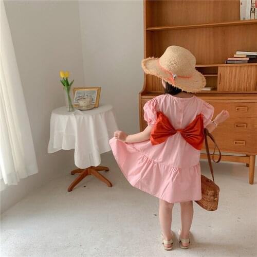 Girls' dress 2021 summer new Korean v bubble sleeve princess dress back bow cotton dress korean baby clothes