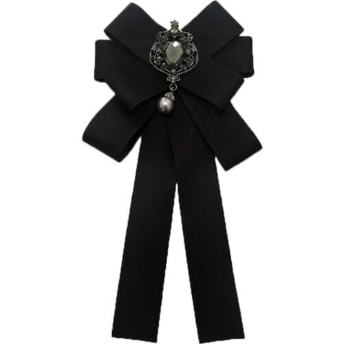 Retro Rhinestone Pendant Fabric Ribbon Brooches on Clothes for Women Solid Color Bow Pearl Ties Collar Cravat Pins Accessories