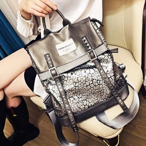 Fashion Womens Backpack Rivet Shining Silver Ita Shoulder Bags Microfiber Synthetic Leather Bagpack Travel Mochila