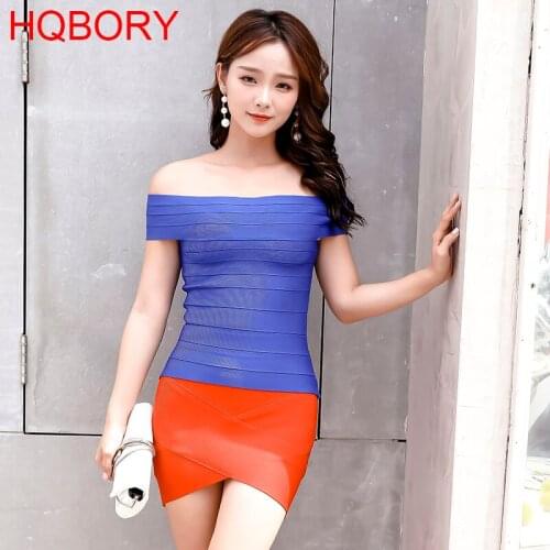 High quality blue elastic knitted women sexy new fashion 2018 off shoulder club bandage tops