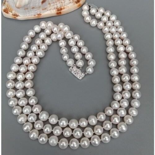 YYGEM Luxury Style 3 strands Natural Real Cultured White Potato Shape Freshwater Pearl 10-11mm Necklace 925 Silver Clasp