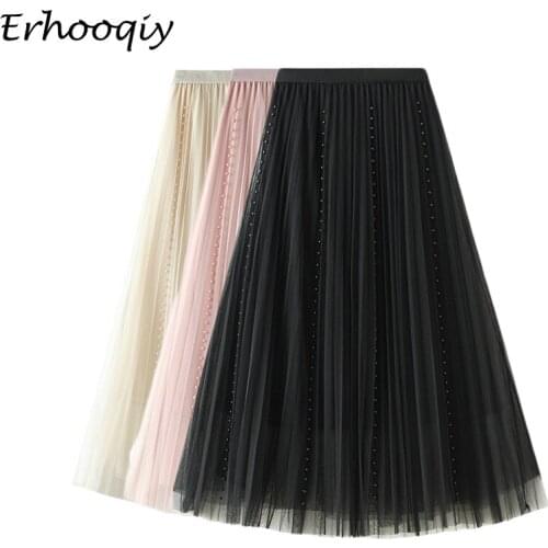 Beaded Skirt Female Tulle Skirt Summer 2021 New Pink Black High Waist Midi Long Pleated Skirt Womens Chic Tutu Skirt Femme Jupe
