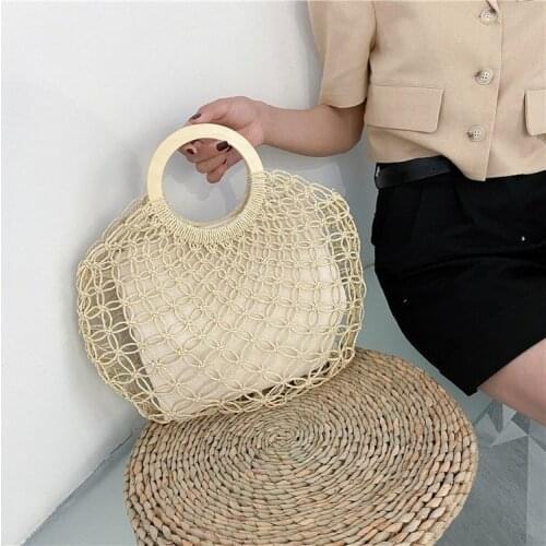 Female Seaside Fishing Net Beach Bag Solid Hollow Out Straw Bag Handbag All-match Beach Bag with Inner Pocket Shopping Bag