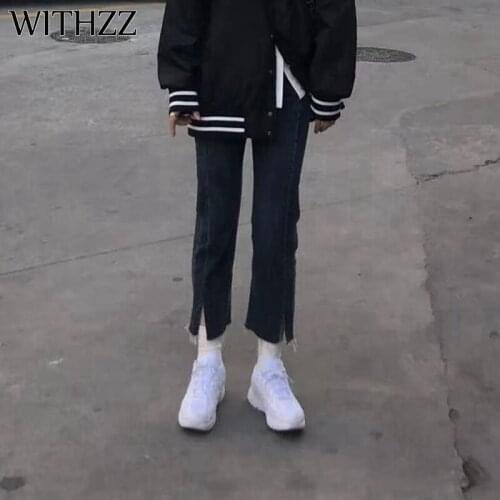 WITHZZ Spring Autumn Womens High Waist Denim Pants Retro Loose Straight Split Trousers Jeans