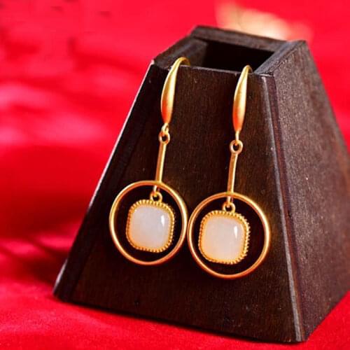 ZhuYuan Yurun S925 Sterling Silver Gold Elegant Classical Temperament Hetian White Jade Geometric Earrings Egg Noodles Womens E