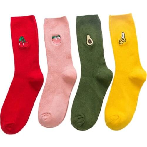 Womens Leisure Fruit Embroidery Loose Socks Cotton Tube Socks Harajuku Style Fashion Women Mid Calf Length Socks