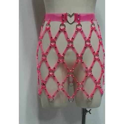 Handmade Women Girls Skirted Dress with Large Heart Caged Bondage Waist Skirt Belt Pink Vinyl Cosplay Dancing Harajuku Cute