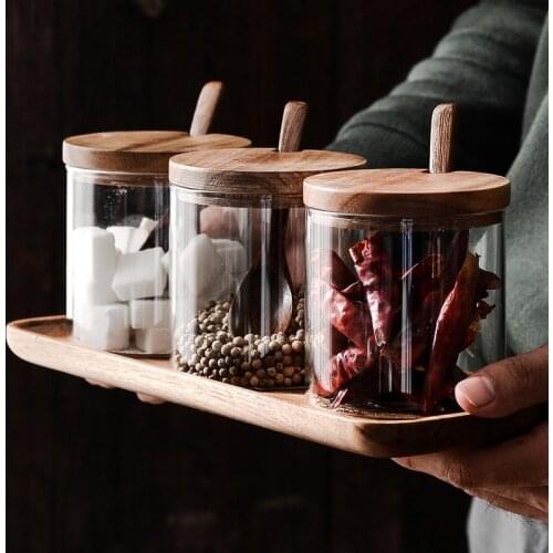 3 Pcs/Set Glass Spice Jars Seasoning Bottle Glass Sugar Pepper Storage Jar Salt Jars with Wooden Lid Spoon Kitchen Storage