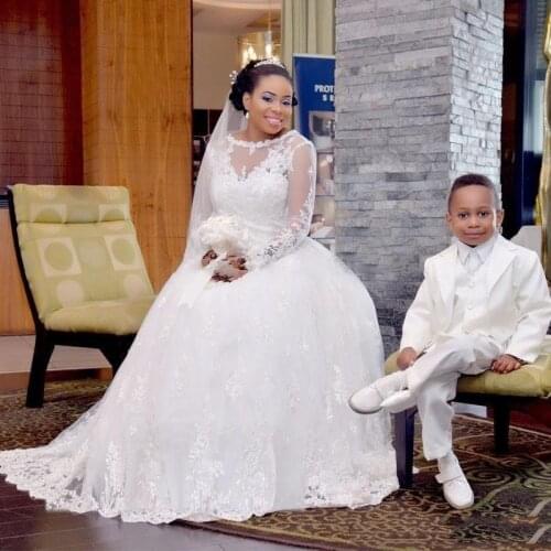African Long Sleeves Lace Wedding Dresses Beaded Appliques Jewel Neck Court Train Tulle A Line Wedding Bridal Gowns