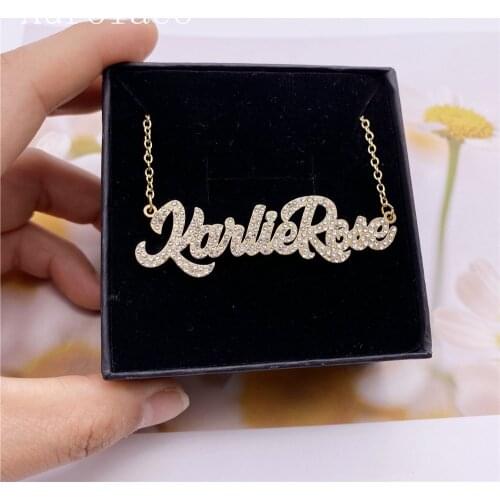 AurolaCo Custom Name Necklaces with Rhinestone Pendant Letters Necklace for Women Personalized Chain Jewelry Gift
