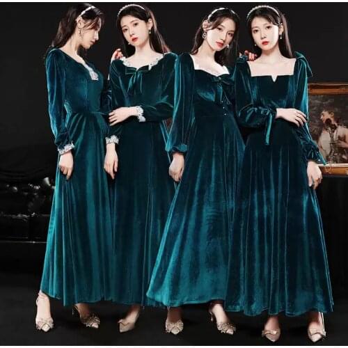 Bridesmaids Dresses Vintage Full V-Neck Embroidery Crystal Bow Jersey A-Line Luxury Blue Elegant Women Wedding Party Gown E533