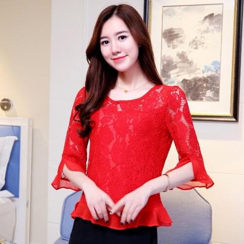 Elegante Female Lace Chiffon Beading Women Blouses Shirt Blusas Summer New 2021 Ruffle Sleeve Top Blouses Femininas