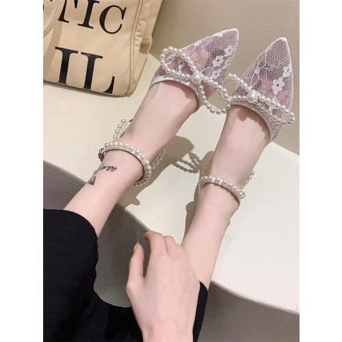 2021 spring and autumn new Korean version of pearl bow elegant lace high heels pointed toe stiletto fashion