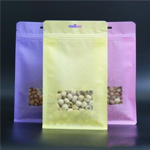 Ferimo100pcs Eight sides sealed window kraft paper bag food packaging bags 14*24cm Ziplock organ nut miscellaneous plastic pouch