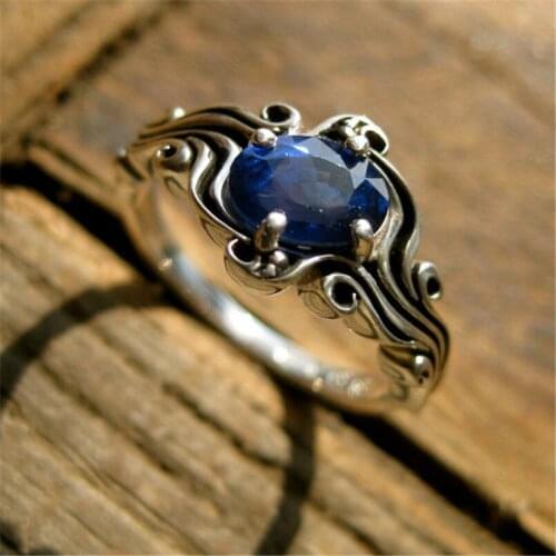 Fashion vintage crystal blue Ring for women New trendy retro cubic Zirconia Ring classic copper Rings male female engagment gift