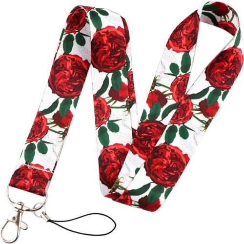 Red Rose Flower Keychain Love Valentines Day Lanyard Neck Strap for Key ID Card Straps Badge Holder DIY Hanging Rope Neckband