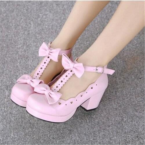 Lolita Shoes Cute Heavy-bottomed Round Head Women Shoes Kawaii Bowknot Love Princess Cosplay Shoes Jk Uniform Lolita Cos Loli
