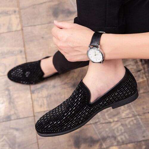Men Loafers Full Shining PVC Bricks Decoration Formal Men Rhinestones Dress Shoes Soft Sole Slip-on Loafers Luxury Party Flats