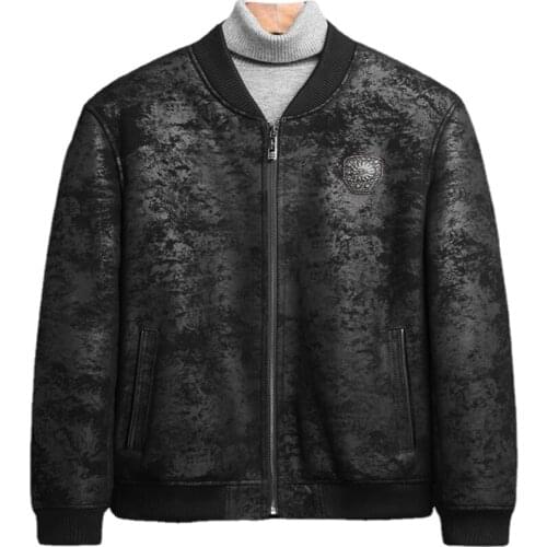 Winter New Mens Sheepskin Baseball Uniform Genuine Leather Thick Black Coat Fur Integrated Leather Jacket Men