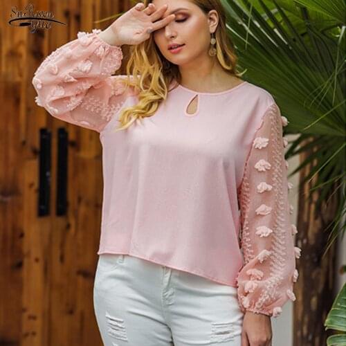 New Fashion Elegant Long Sleeve Top Mujer O Neck Floral Plus Size Chiffon Blouse Femme Casual Loose Pink Shirts For Women 12404