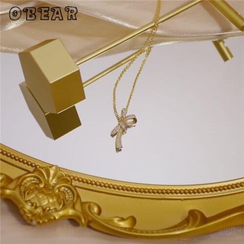 OBEAR Romantic Charm Bowknot Necklace for Women 14k Real Gold Super Shining Zircon Clavicle Chain Wedding Jewelry Gift