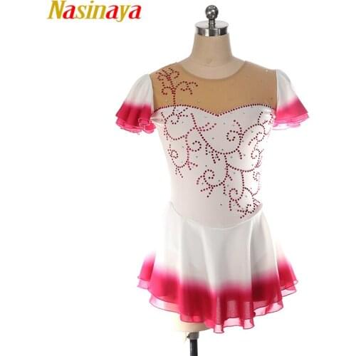 Nasinaya Figure Skating Dress White Pink Gradient Color Customized Competition Ice Skating Skirt for Girl Women Kids