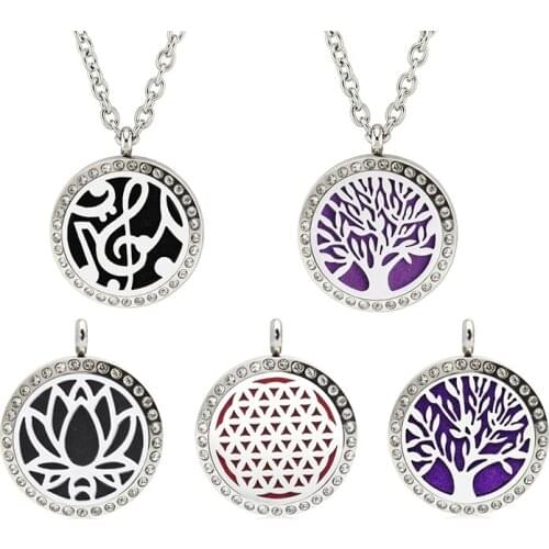 Essential Oil Diffuser Necklace Chain Pendant Stainless Steel Jewelry 25mm Rhinestone Aromatherapy Perfume Locket 10pcs Pads