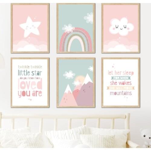 Lovely Mountain Star Cloud Rainbow Wall Art Canvas Painting Cartoon Nordic Posters And Prints Wall Pictures Baby Kids Room Decor