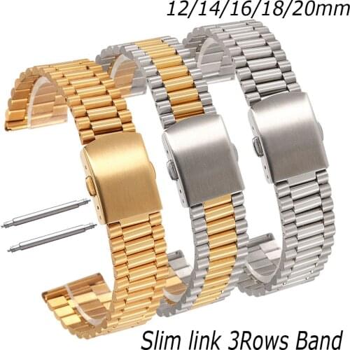 Slim Link Stainless steel Watch Band 12mm 14mm 16mm 18mm 20mm watch Strap 3-Rows Replacement Watchbands Bracelet WristBand Belt