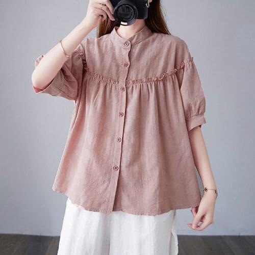 Oversized Women Cotton Linen Casual Shirts New 2021 Summer Vintage Style Stand Collar Loose Female Short Sleeve Tops B766