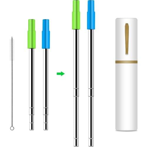 Detachable Stainless Steel Telescopic Drinking Straw Travel Straw with Brush, Case and Silicon Tip (Pack-2)