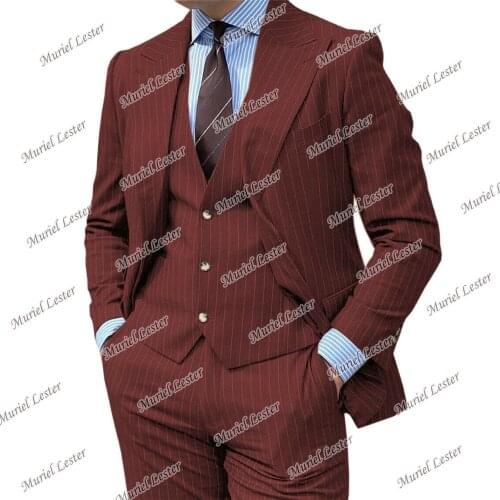 Navy Blue Striped Man Suits For Wedding Set 3 Pieces Groom Wear Blazers Smoking Business Tuxedos Ternos Masculino Luxo Slim Fit