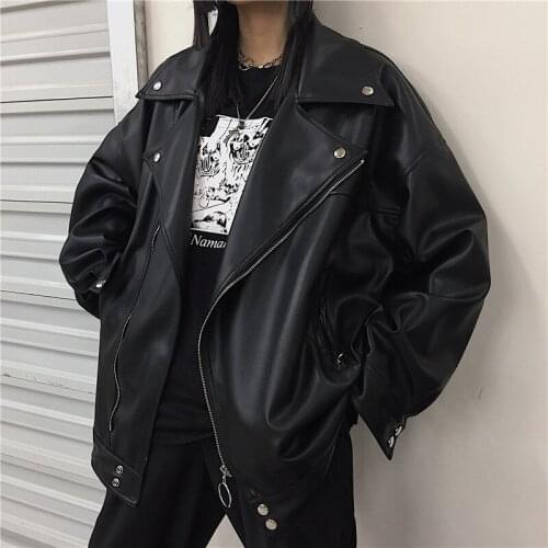 Vintage Black Faux Pu Leather Jacket Women Casual Notched Collar Long Sleeve Biker Jacket Spring Autumn 2021 Casacos Feminino