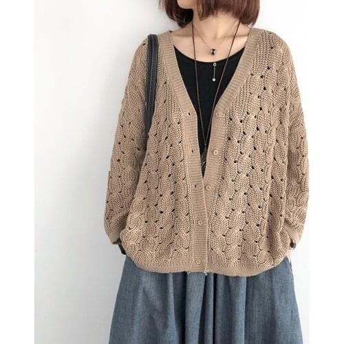Knitted Cardigan Women Sweater 2020 Spring Autumn New Loose Plus-sized Thin Outdoor Hollow Long-Sleeved Casual Women Coat