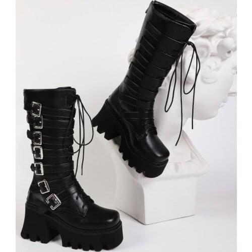 Plus Size35-44 Design Female Chunky High Heels Ankle Boots Fashion Zip Lace-up High Platform Boots Women Street Punk Shoes Woman