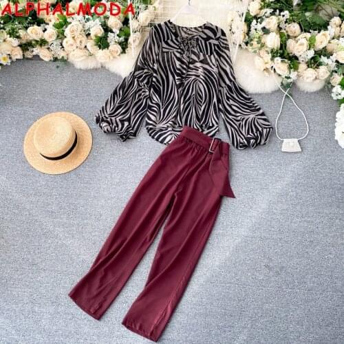 ALPHALMODA V-neck Zebra-Stripe Puff Sleeve Chiffon Top + High Waist Straight Pants Women Fashion 2pcs Suit