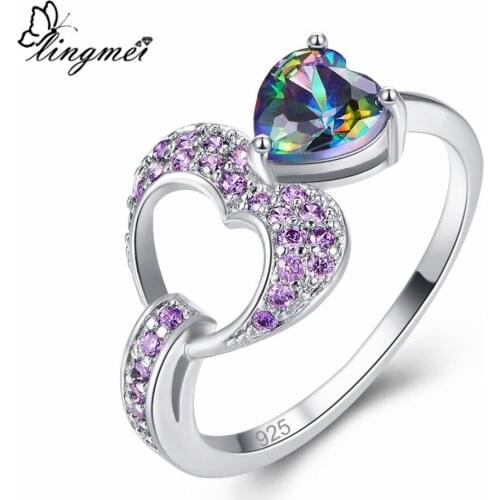 Lingmei Love Heart Women Ring Wedding MultiPurpleRed Zircon Silver Color Ring Size 6-9 Fashion Birthstone Jewelry