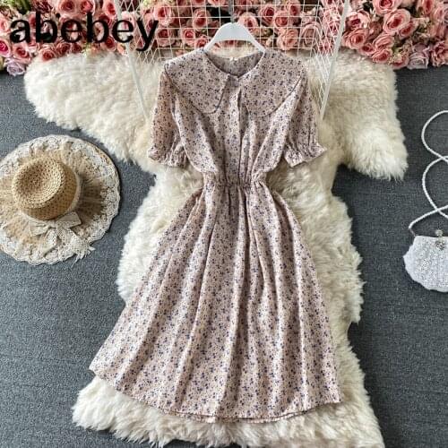 Women Korean Sweet Floral Dress Lace Turndown-Collar A-line Dresses Summer Bohemain Print Vacation Midi Dress
