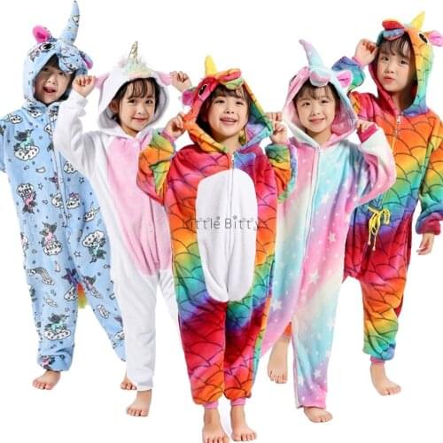 Winter Flannel Rainbow Unicorn Pajamas Pijama Unicornio Girls Sleepwear Boys Sleeper Clothing 4 6 8 10 12Years