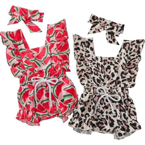 New 2Pcs Baby Girls Summer Outfit, Watermelon/Leopard Print Square Neck Romper + Hairband for Toddlers, 0-24 Months