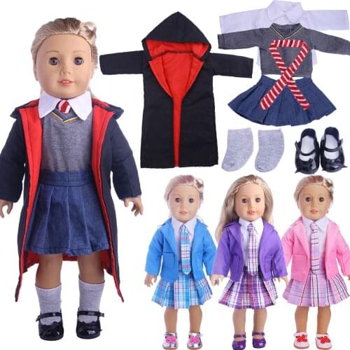 Free Shipping By E-packets Doll Clothes School Uniform 4 Styles 4Pcs/Set For 18 Inch American Doll&43 Cm Born Include the Shoes