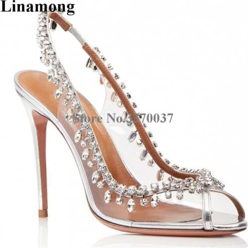 Women Bling Bling Luxurious Peep Toe Clear PVC Rhinestone Elastic Band Pumps Transparent Crystal High Heels Wedding Shoes