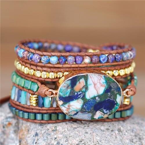 Handmade Bohemian Green Bead Wrap Bracelet Leather Bead Bracelet With Natural Stone Pendant Center Classic Jewelry Dropshipping